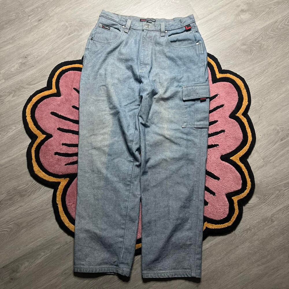 Vintage Y2K Fubu The Collection Loose Fit Carpenter Cargo Denim Jeans 36x34 Grey